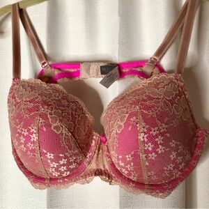 Victoria's Secret 38C Dream Angels Lined Demi Cup hot pink nude lace bra